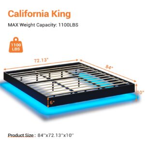 DICTAC California King Floating Bed Frame with LED Lights Faux Leather Upholstered Cal King Size Platform Bed Frame No Headboard California King LED Bed No Box Spring Needed,Easy to Assemble,Black