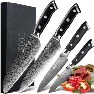 coosnug damascus 4pcs kitchen knife set, japanese vg-10 stainless steel 67 layers damascus knife, japanese 8" chef knife, 7" santoku knife, 5" utility knife and 3.5" paring knife sharp cooking knife