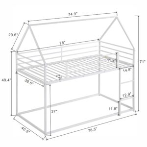 Bunk Bed Twin Over Twin Junior Metal Floor Bunk Bed with Ladder, House Shaped Bunk Bed Frame for Kids Boys Girls, No Box Spring Needed