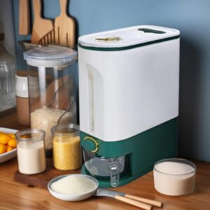 LUOKER Rice Dispenser,25 Lbs Rice Storage with Measuring Cup,White&Green Rice Container with One-Touch,Cereal Dispenser Storage with Lids for Rice, Corn,Soybean & Oatmeal,Airtight, Moisture Proof