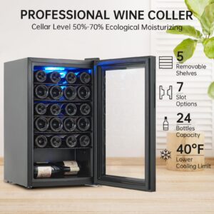 Garvee Wine Fridge 24 Bottle, Wine Cooler Refrigerator with 40~61°F Digital Temperature Control, Freestanding Wine Cellar for Red White Wine, Champagne, Beer with Blue Interior Light