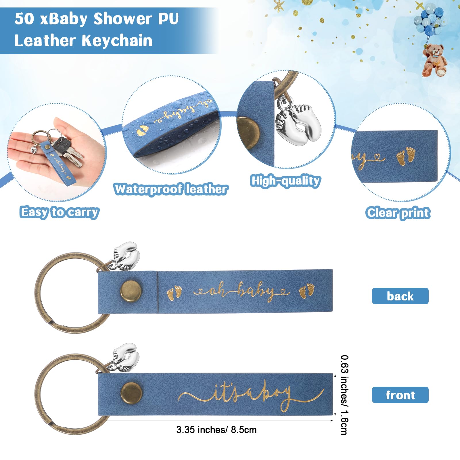 Ecally 50 Sets Baby Shower Favors for Guests PU Leather Keychain Bear Thank You Cards Organza Bags Gender Reveal Gifts (Blue, Boy Style)