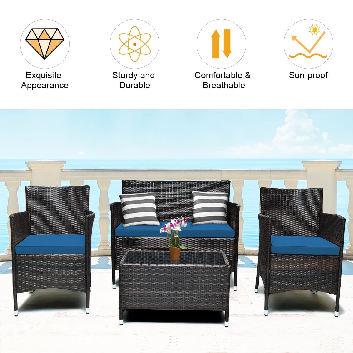 DORTALA 4-Piece Rattan Patio Furniture Set, Outdoor Sofa Table Set with Tempered Glass Coffee Table, Thick Cushion, Wicker Conversation Set for Garden, Lawn, Poolside and Backyard, Peacock Blue