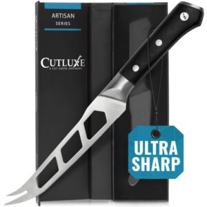 cutluxe cheese knife – 5" cheese knife slicer for soft and hard cheese – pronged, serrated & non stick blade – high carbon german steel, full tang & ergonomic handle design – artisan series