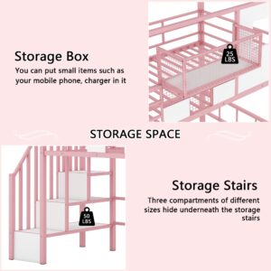 Twin Loft Bed with Stairs, Roof, Window and Full-Length Guardrail, House Loft Bed/Heavy Duty Metal Loft Bed with Storage Box and Storage Stairs, Pink Loft Bed Twin Size