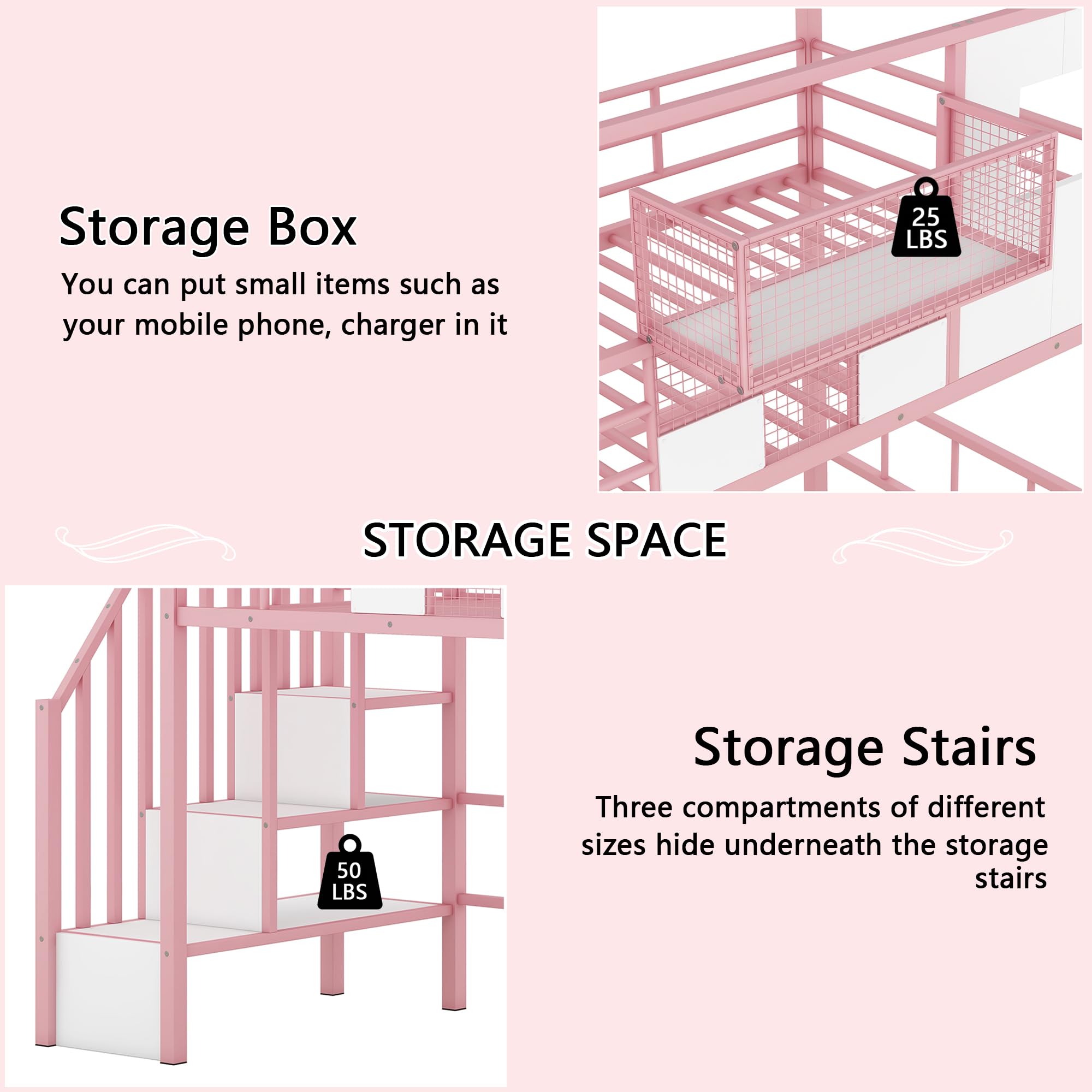 Twin Loft Bed with Stairs, Roof, Window and Full-Length Guardrail, House Loft Bed/Heavy Duty Metal Loft Bed with Storage Box and Storage Stairs, Pink Loft Bed Twin Size