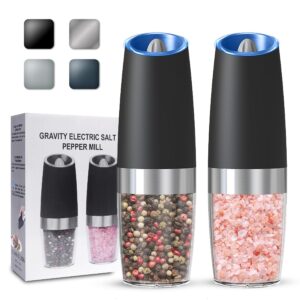 unnees gravity electric salt and pepper grinder set of 2, automatic salt and pepper grinder set, adjustable roughness, battery powered, led light, 2 pack, (black)