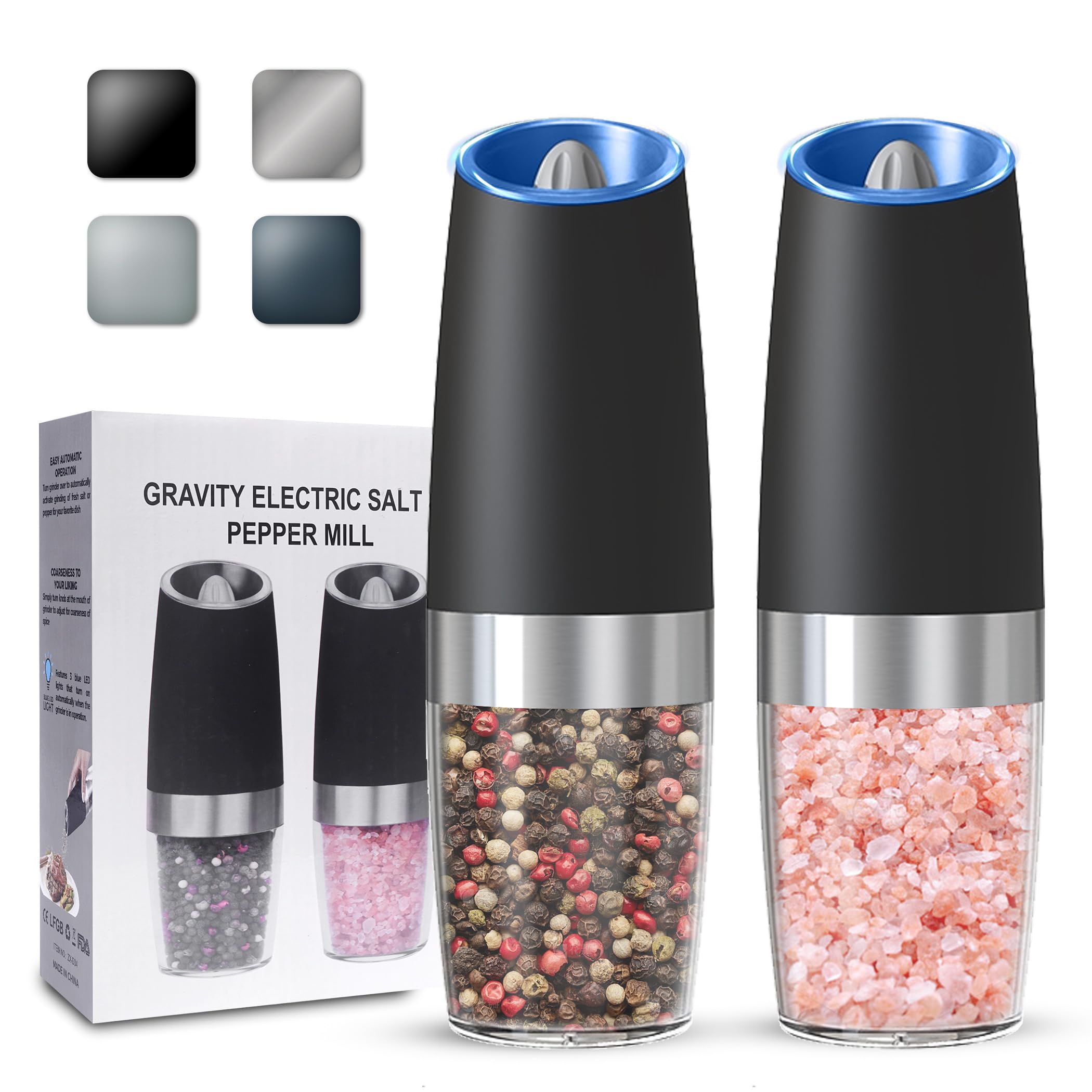 UNNEES Gravity Electric Salt and Pepper Grinder set of 2, Automatic Salt And Pepper Grinder Set, Adjustable Roughness, Battery Powered, LED Light, 2 Pack, (Black)