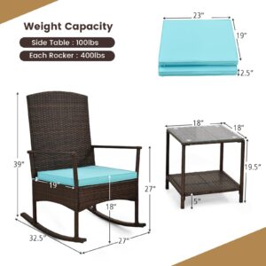 Tangkula 3 Pieces Rocking Wicker Bistro Set, Outdoor Front Porch Rocker Chairs Conversation Set with 2-Tier Tempered Glass Coffee Table and Thick Cushions for Garden, Balcony, Poolside (Turquoise)