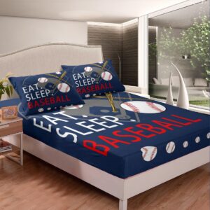 Feelyou Kids Baseball Gaming Sheet Set Twin Size Navy Blue Bed Sheets for Boys Girls Teens Bedroom Decor Softball Bed Set Women Men Ball Games Sheets,1 Fitted Sheet+1 Pillow Sham+1 Flat Sheet