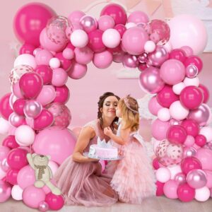 Amandir 153pcs Pink Balloon Garland Arch Kit, Different Sizes 18 12 10 5 inch Hot Pink Latex Metallic Confetti Pink Balloons for Birthday Princess Wedding Baby Shower Party Decorations