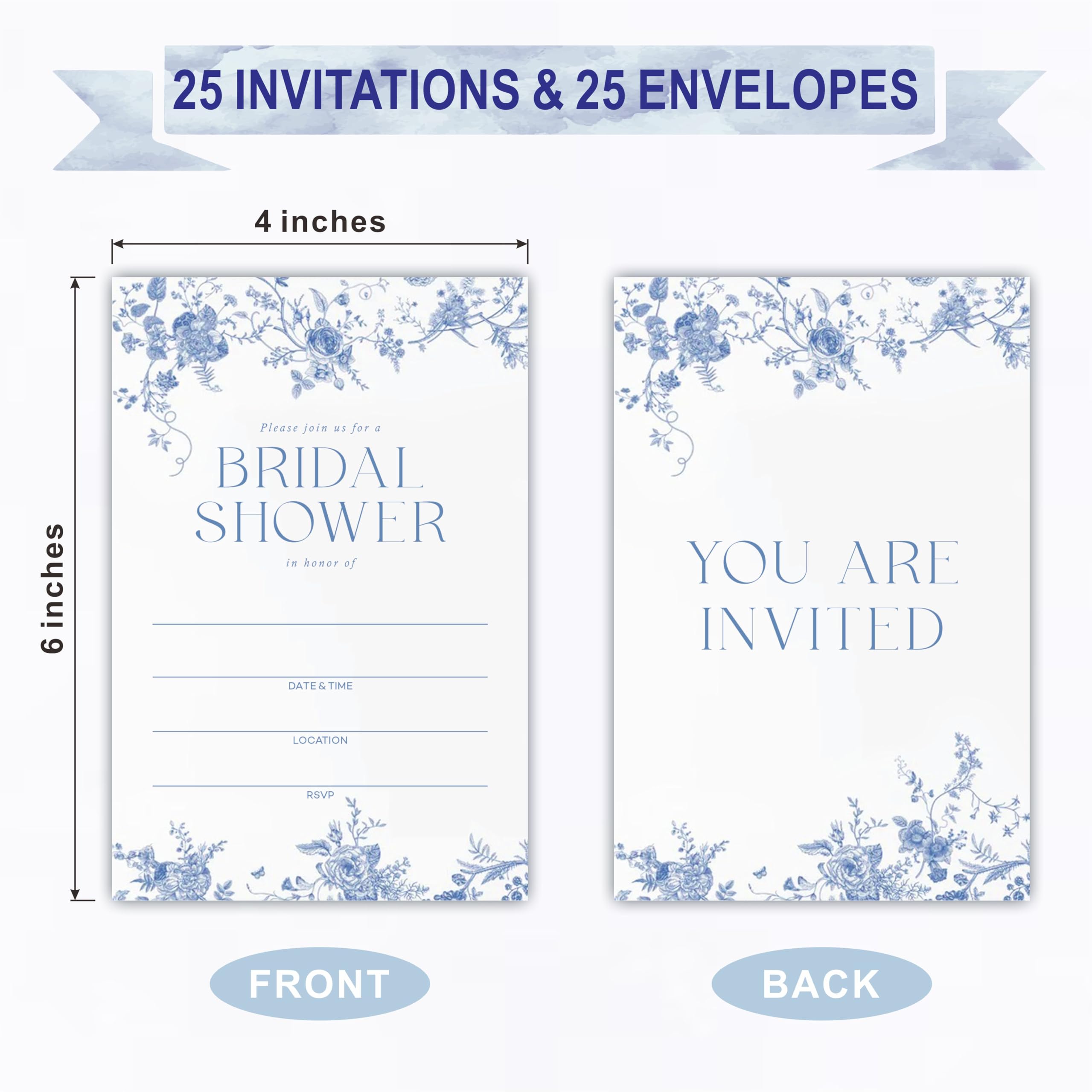 DYIRBIIY 25 Bridal Shower Invitation With Envelopes - Blue Floral White Fill In Style Invitations For New Couples, Mr And Mrs, Newlyweds Invites, Party Favor & Supplies - A11