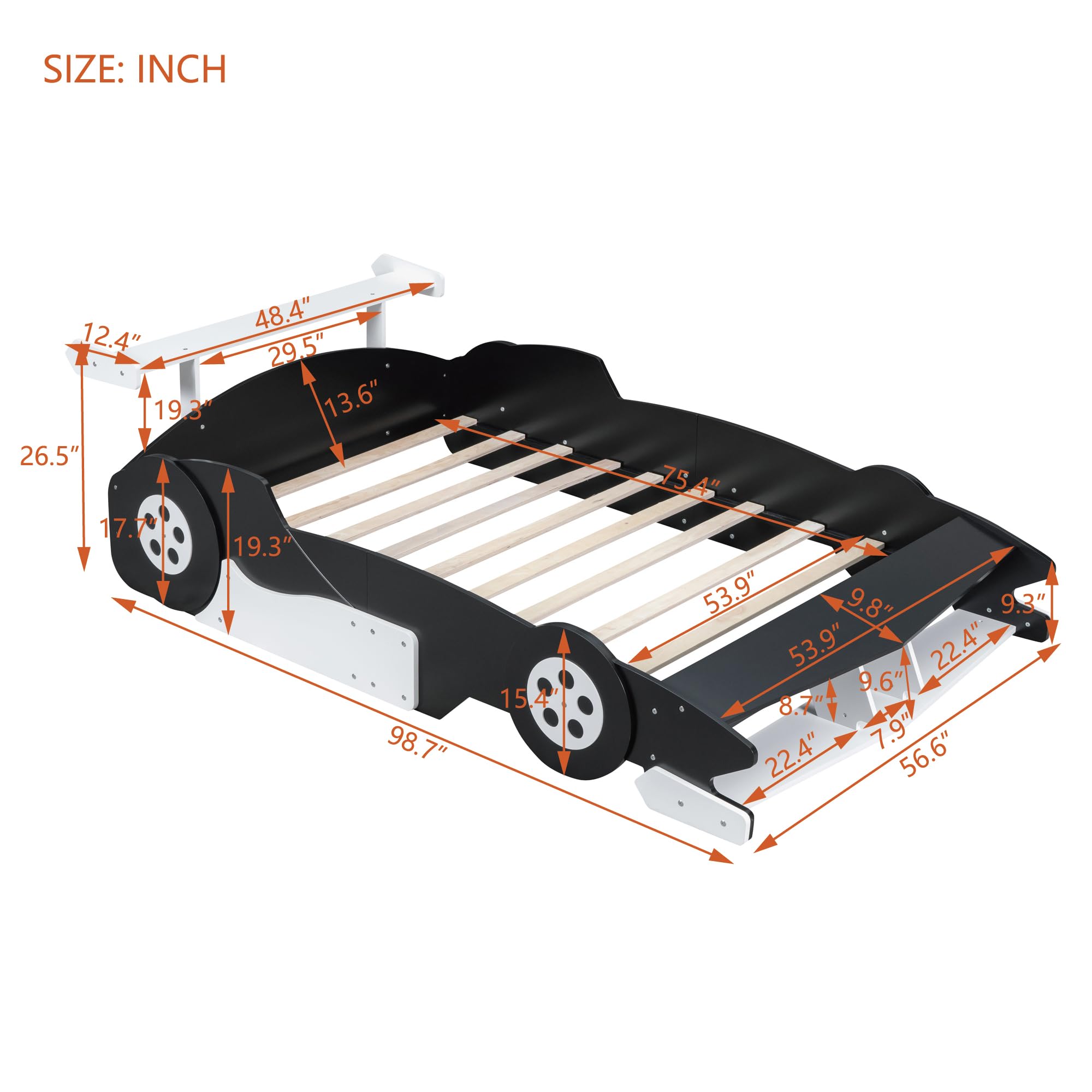 Merax Full Size Race Car Bed Frame for Boys, Wood Car-Shaped Platform Bed with Wheels, Black