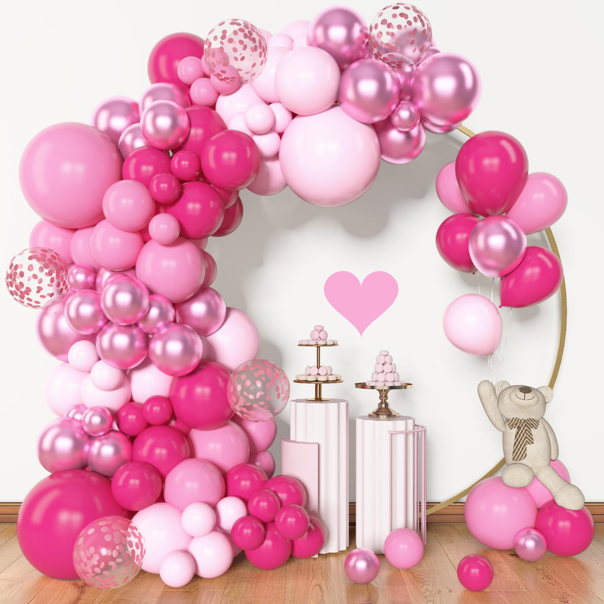 Amandir 153pcs Pink Balloon Garland Arch Kit, Different Sizes 18 12 10 5 inch Hot Pink Latex Metallic Confetti Pink Balloons for Birthday Princess Wedding Baby Shower Party Decorations