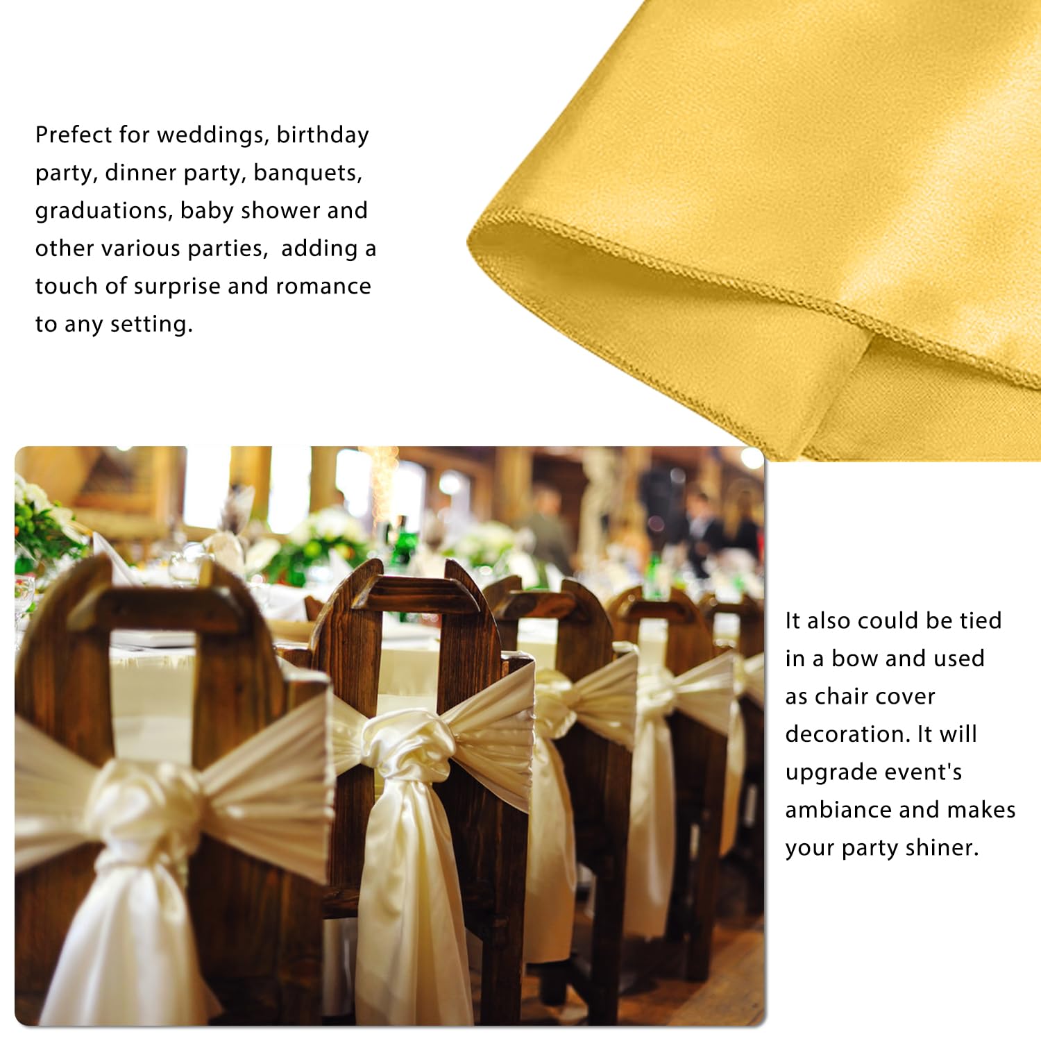 Quimoy 2 Pack Gold Satin Table Runner 12 x 108 Inch, Table Runner for Party Wedding Banquet Birthday Graduation Decoration, Bright Silk Smooth Fabric Party Chair Sashes