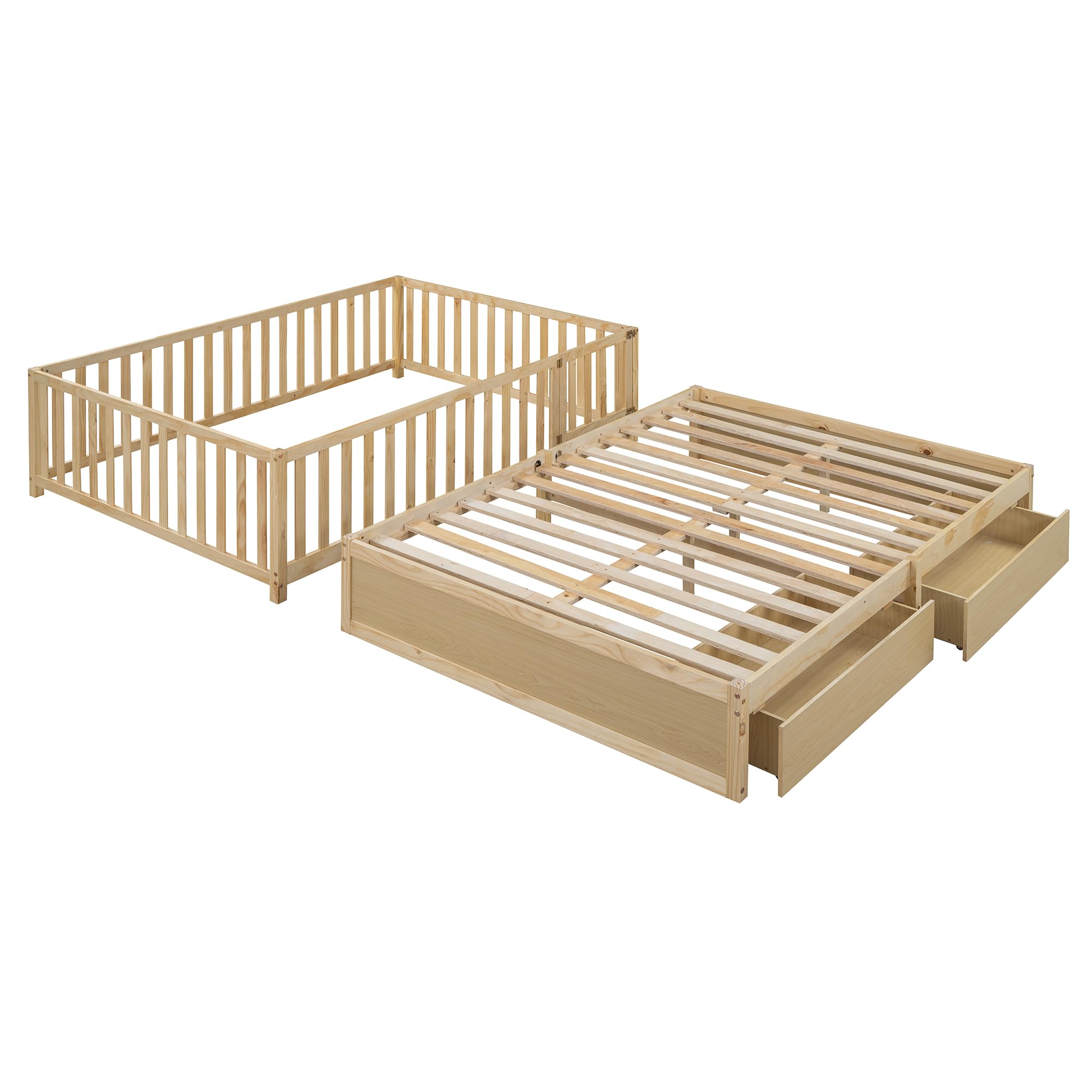 HomSof Full Size Wood Daybed with Fence Guardrails and 2 Drawers, Split into Independent Floor Bed & Daybed, Natural