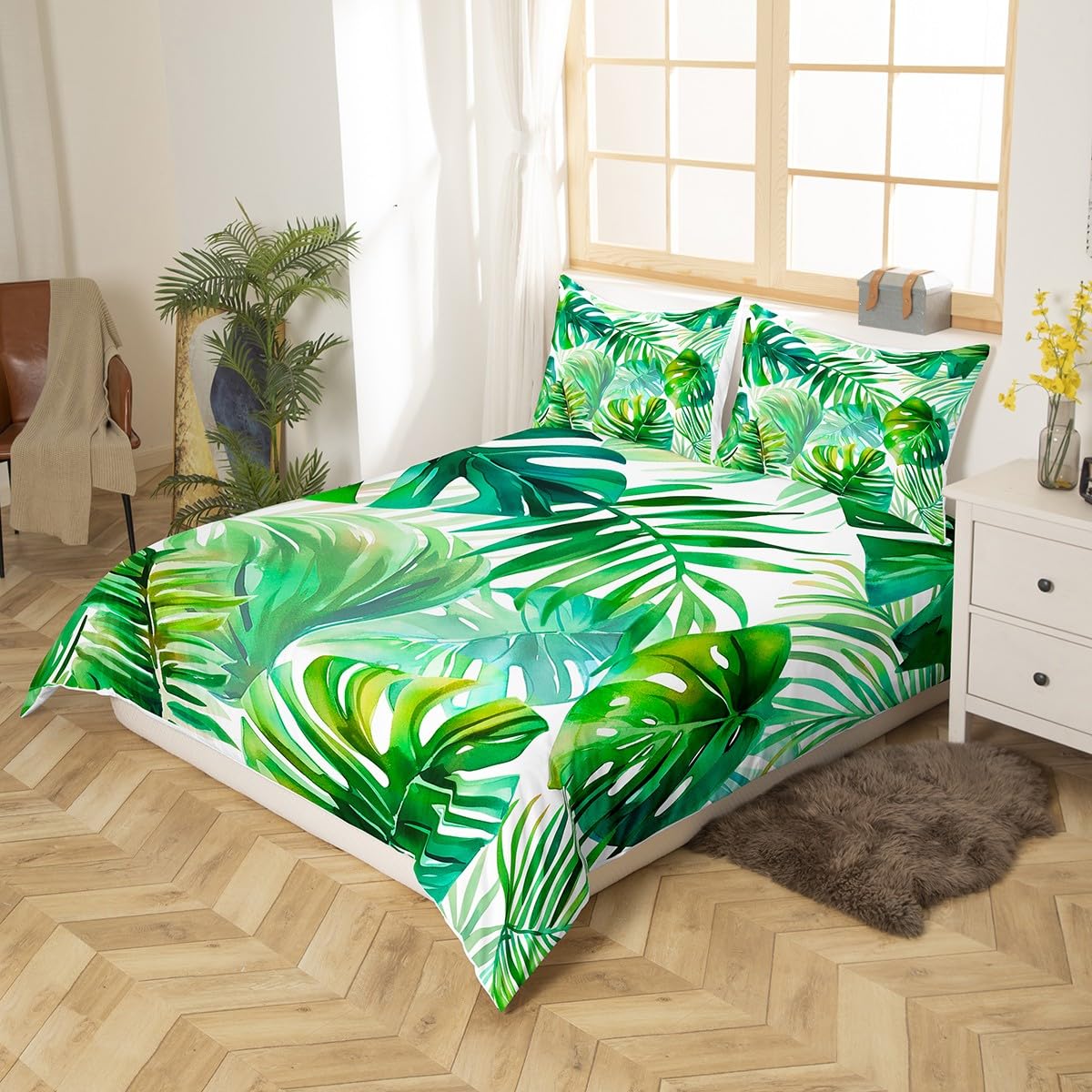 Summer Leaves 100% Nature Cotton Duvet Cover Twin Size,Tropical Palm Leaves Botanic Plants Super Soft Bedding Set,Seaside Camping Green Leaves Comforter Cover Bedding 2 Piece (No Comforter)