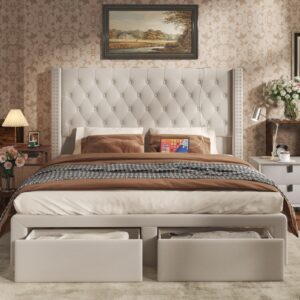 cikunasi velvet upholstered bed frame queen with headboard and storage, tall bed frame with 2 drawers, tufted wingback bed frame queen size led light, charging station, no box spring needed, cream