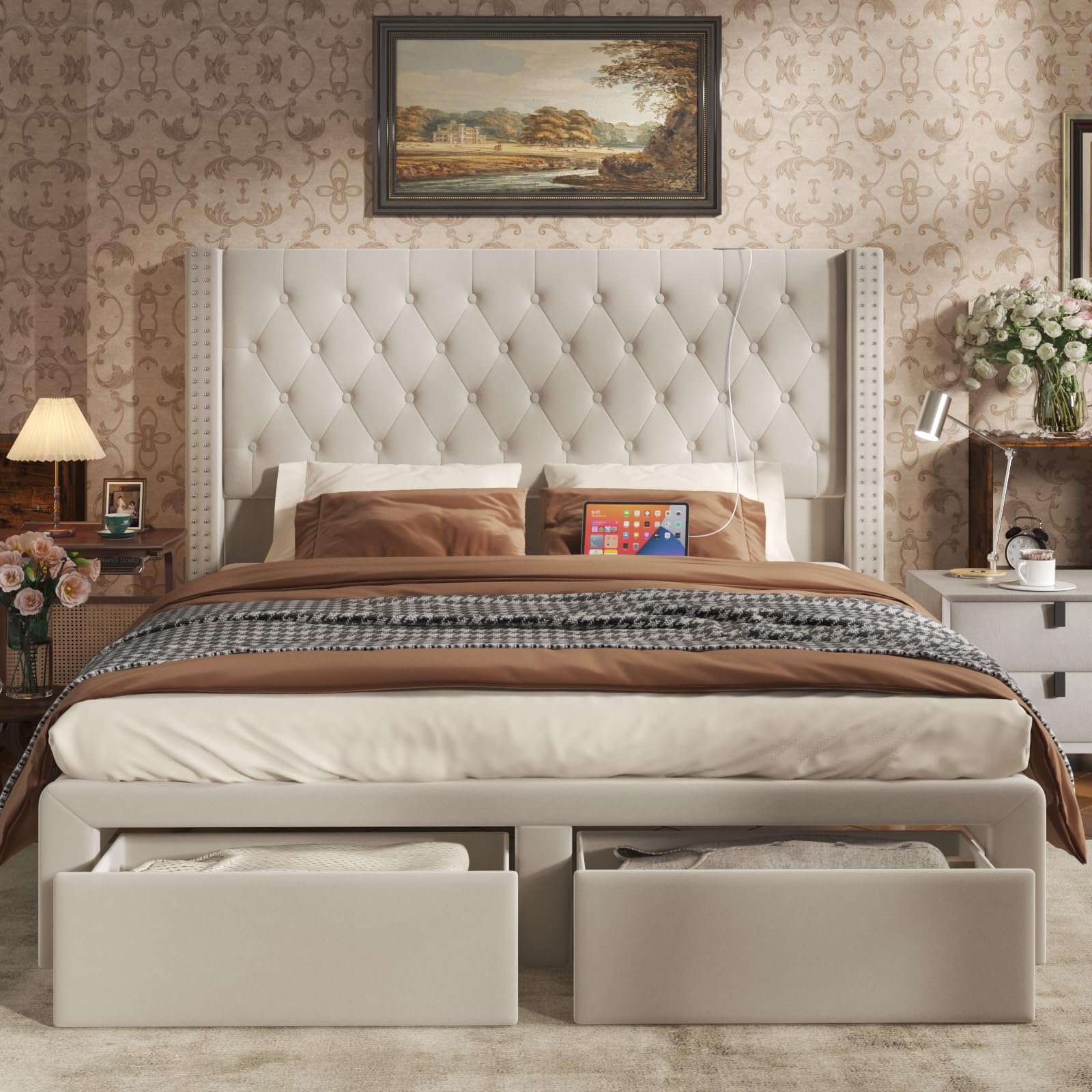 CIKUNASI Velvet Upholstered Bed Frame Queen with Headboard and Storage, Tall Bed Frame with 2 Drawers, Tufted Wingback Bed Frame Queen Size LED Light, Charging Station, No Box Spring Needed, Cream