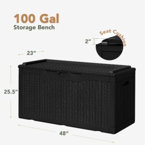 Flamaker Deck Box with Cushion 100 Gallon Waterproof Resin Storage Box with Air Rod Indoor Outdoor Lockable Storage Bench for Patio Furniture, Tools, Pool Accessories (Black)