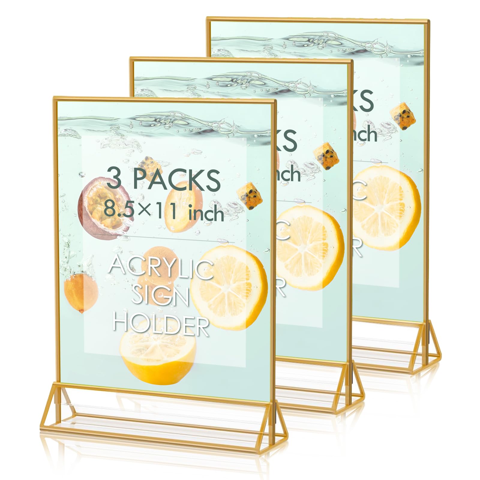 Acrylic Sign Holder 8.5x11 Gold Frames Clear Sign Holder, Gold Picture Frame Double Sided Flyer Holder, Table Menu Holder Display Stand for Wedding Signs Table Numbers