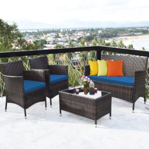 dortala 4-piece rattan patio furniture set, outdoor sofa table set with tempered glass coffee table, thick cushion, wicker conversation set for garden, lawn, poolside and backyard, peacock blue