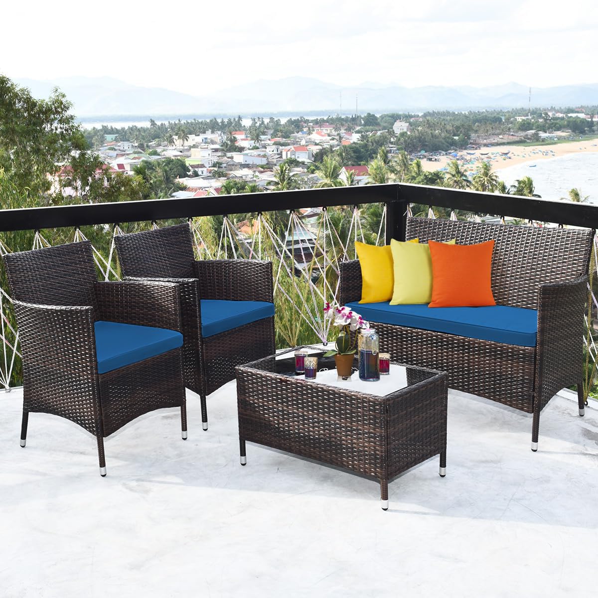 DORTALA 4-Piece Rattan Patio Furniture Set, Outdoor Sofa Table Set with Tempered Glass Coffee Table, Thick Cushion, Wicker Conversation Set for Garden, Lawn, Poolside and Backyard, Peacock Blue