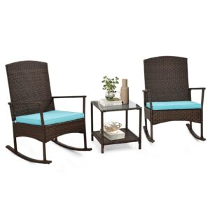 tangkula 3 pieces rocking wicker bistro set, outdoor front porch rocker chairs conversation set with 2-tier tempered glass coffee table and thick cushions for garden, balcony, poolside (turquoise)