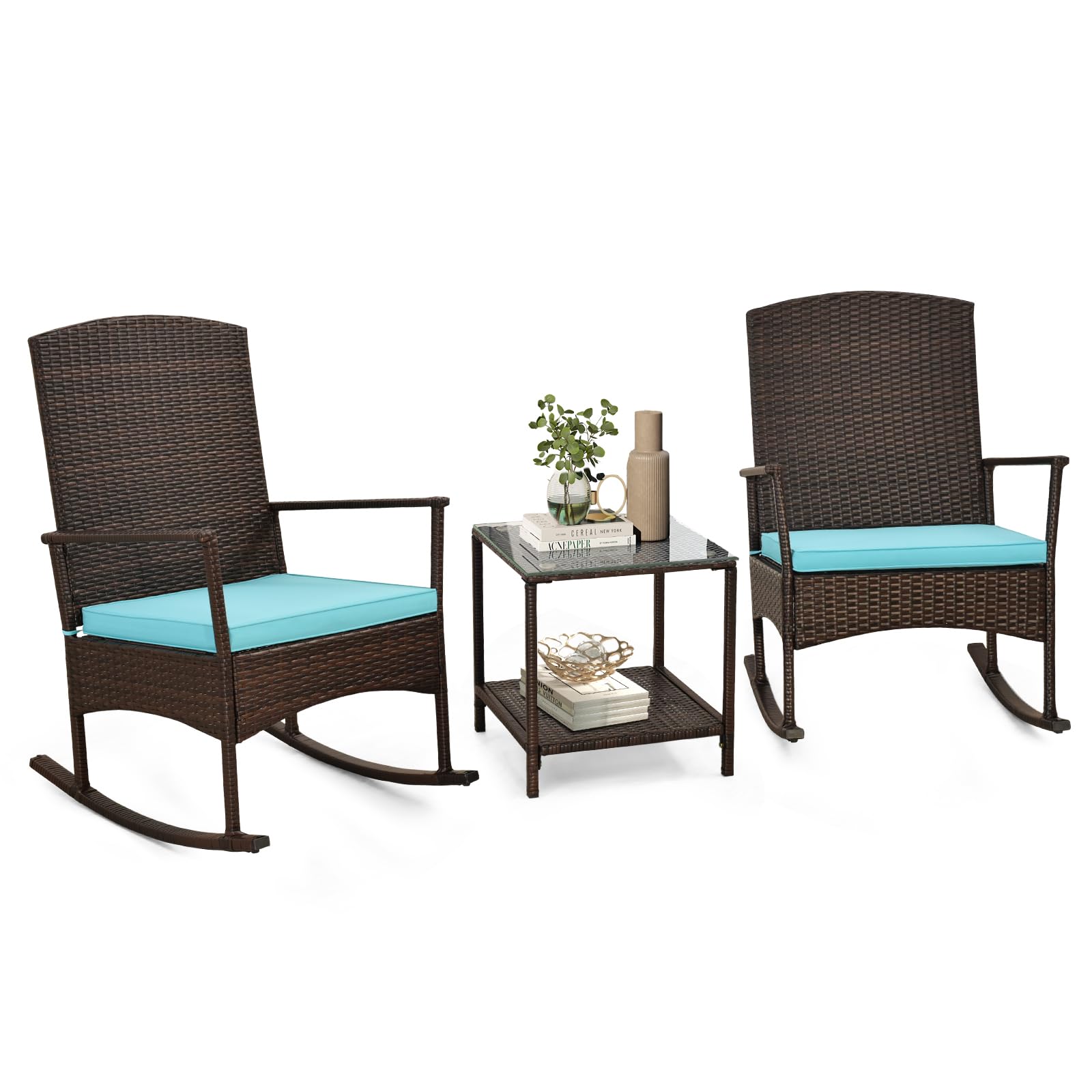 Tangkula 3 Pieces Rocking Wicker Bistro Set, Outdoor Front Porch Rocker Chairs Conversation Set with 2-Tier Tempered Glass Coffee Table and Thick Cushions for Garden, Balcony, Poolside (Turquoise)