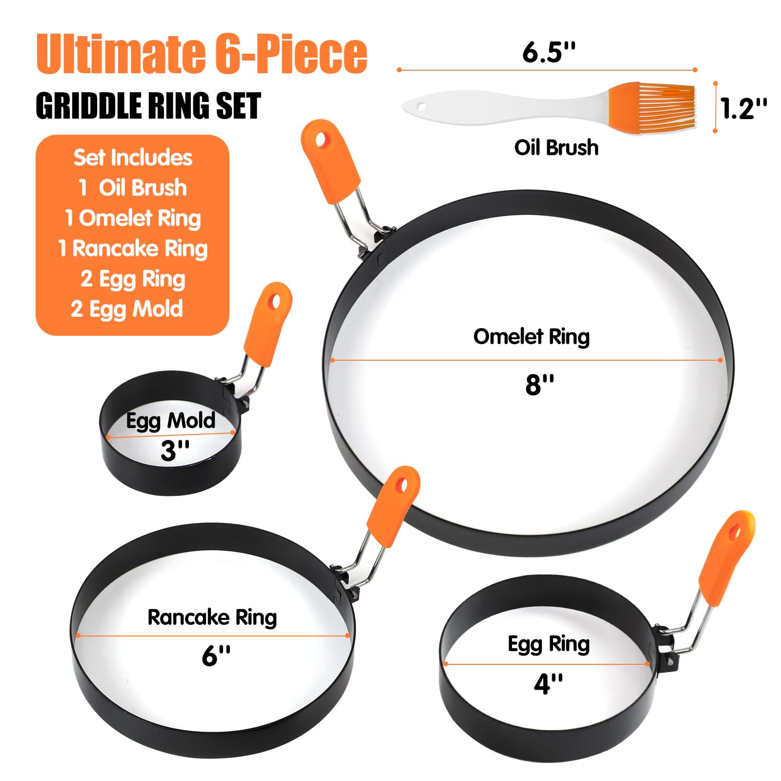 Srinlon Professional Pancake Ring Set,6 Packs Omelette Ring,Non-stick Griddle Pancake Shapers with Oil Brush,Stainless Fried Egg Molds with Orange Anti-scald Silicone Handle,Egg Mold