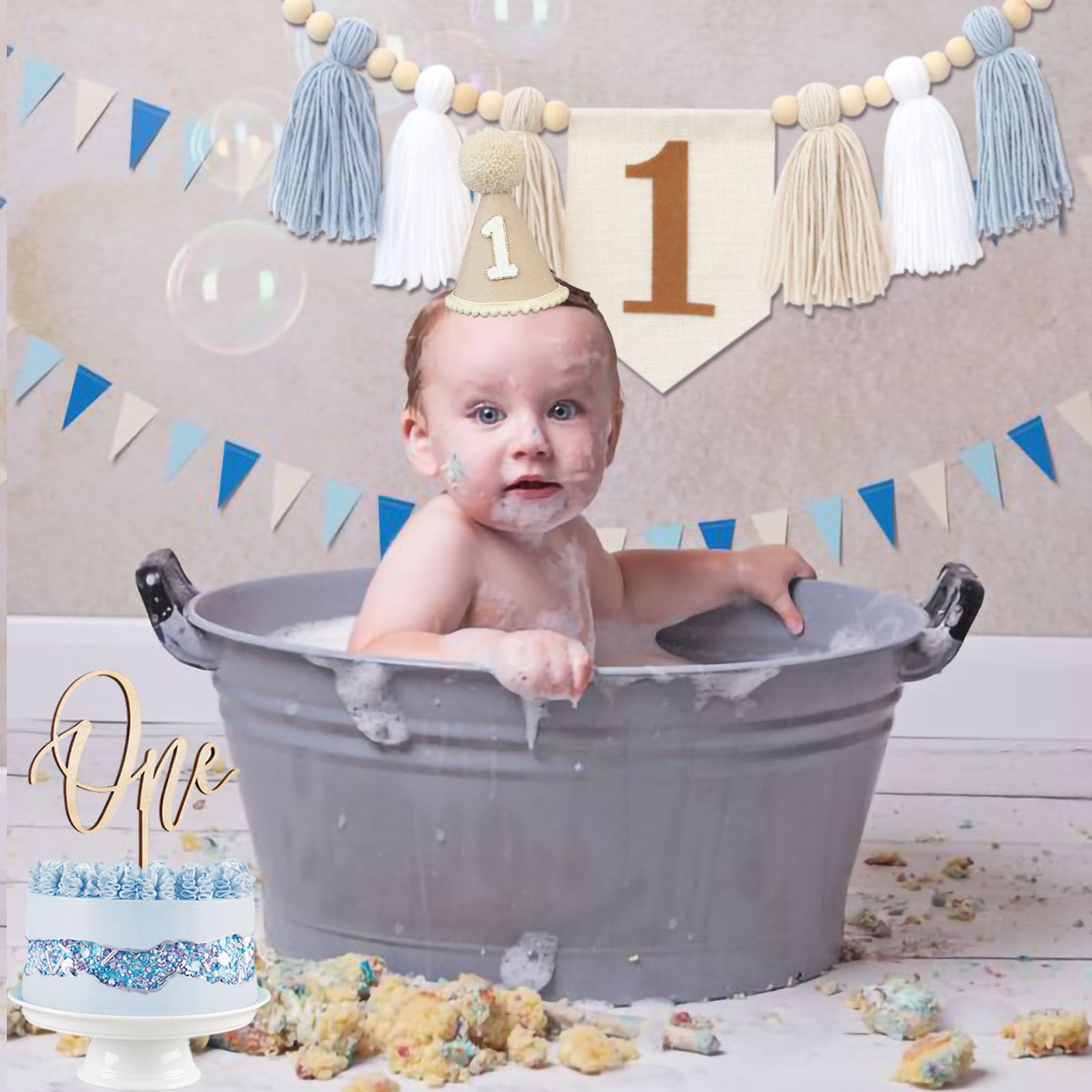 1st Birthday Highchair Banner Decorations For First Boys Khaki Cone Hat With One Cake Topper Photo Backdrop