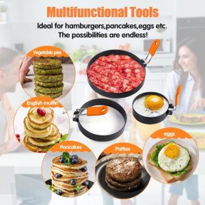 Srinlon Professional Pancake Ring Set,6 Packs Omelette Ring,Non-stick Griddle Pancake Shapers with Oil Brush,Stainless Fried Egg Molds with Orange Anti-scald Silicone Handle,Egg Mold