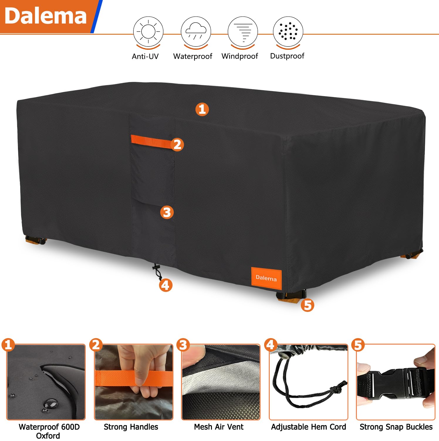 Dalema Rectangular Coffee Table Cover,600D Heavy Duty 100% Waterproof Small Outdoor Table Cover Rectangle,Patio Furniture Covers for Coffee Table,42x24x16 Inch,Black.