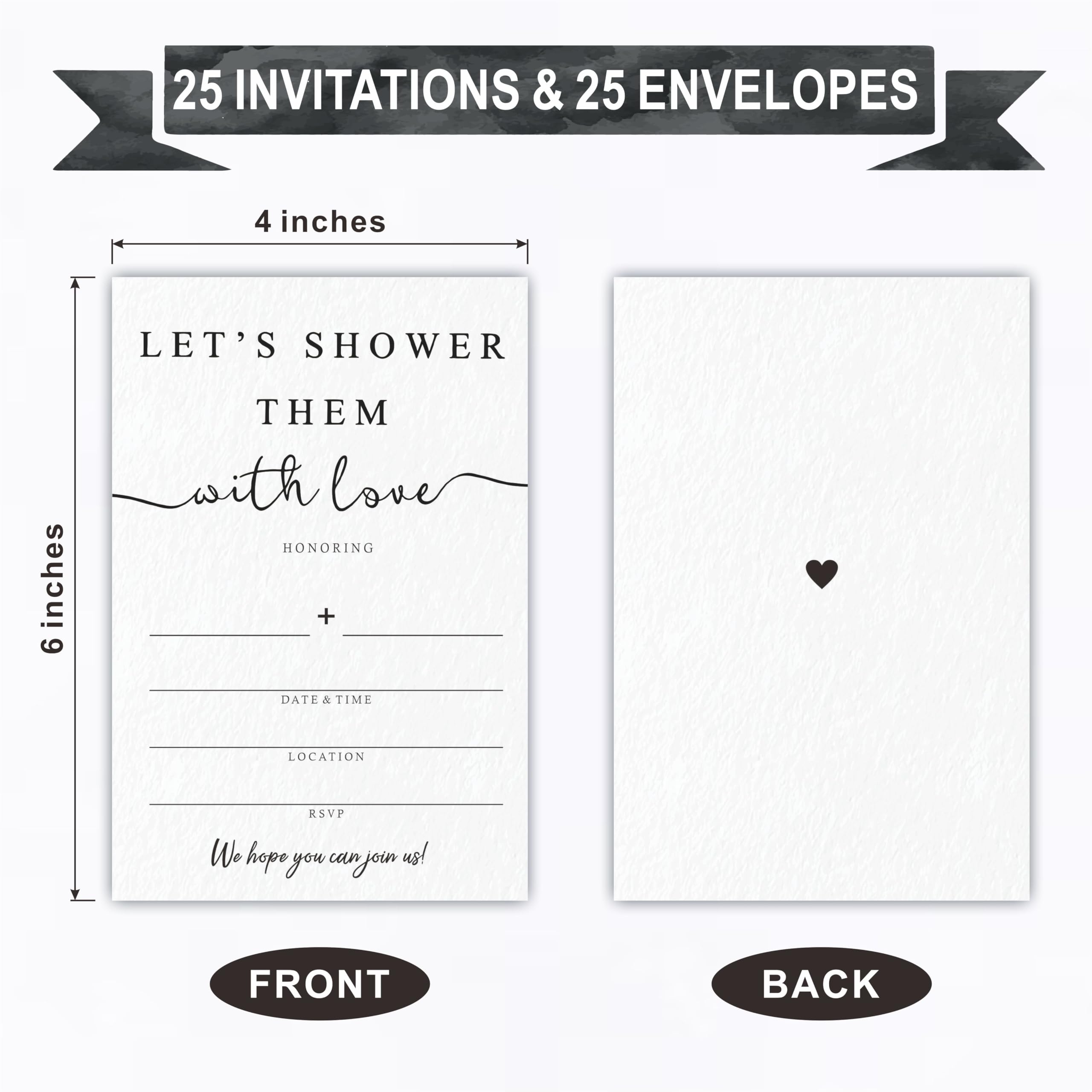 25 Bridal Shower Invitation With Envelopes - Let's Shower Them With Love - Classic Minimalism White Fill In Style Invitations For New Couples, Mr And Mrs, Newlyweds Invites, Party Favor & Supplies-A01