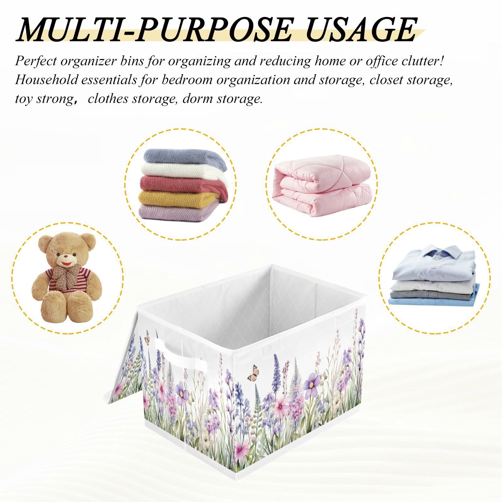 Kigai Flowers Butterfly Storage Basket with Lids and Handles,Collapsible Storage Bins Organizer for Bedroom Organization,Office Storage,Toys,16.5x12.6x11.8 In