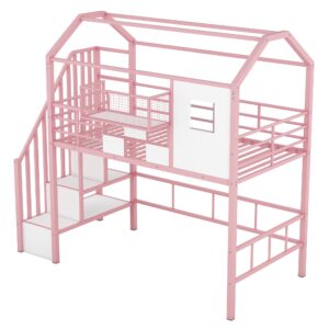 Twin Loft Bed with Stairs, Roof, Window and Full-Length Guardrail, House Loft Bed/Heavy Duty Metal Loft Bed with Storage Box and Storage Stairs, Pink Loft Bed Twin Size