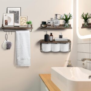 3+1 Tier Floating Shelves, Bathroom Floating Shelves with Wire Basket, Bathroom Shelf with Towel Bar and Hooks, Wall Solid Wood Shelves, Wall Shelves for Bathroom, Living Room, Bedroom and Kitchen