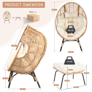 OUTPLATIO 2 Pieces Egg Chair Wicker Patio Egg Chair with Ottoman Rattan Teardrop Cuddle Cocoon Chair for Indoor Outdoor Bedroom Porch Backyard Deck Garden (2 pcs,Beige)