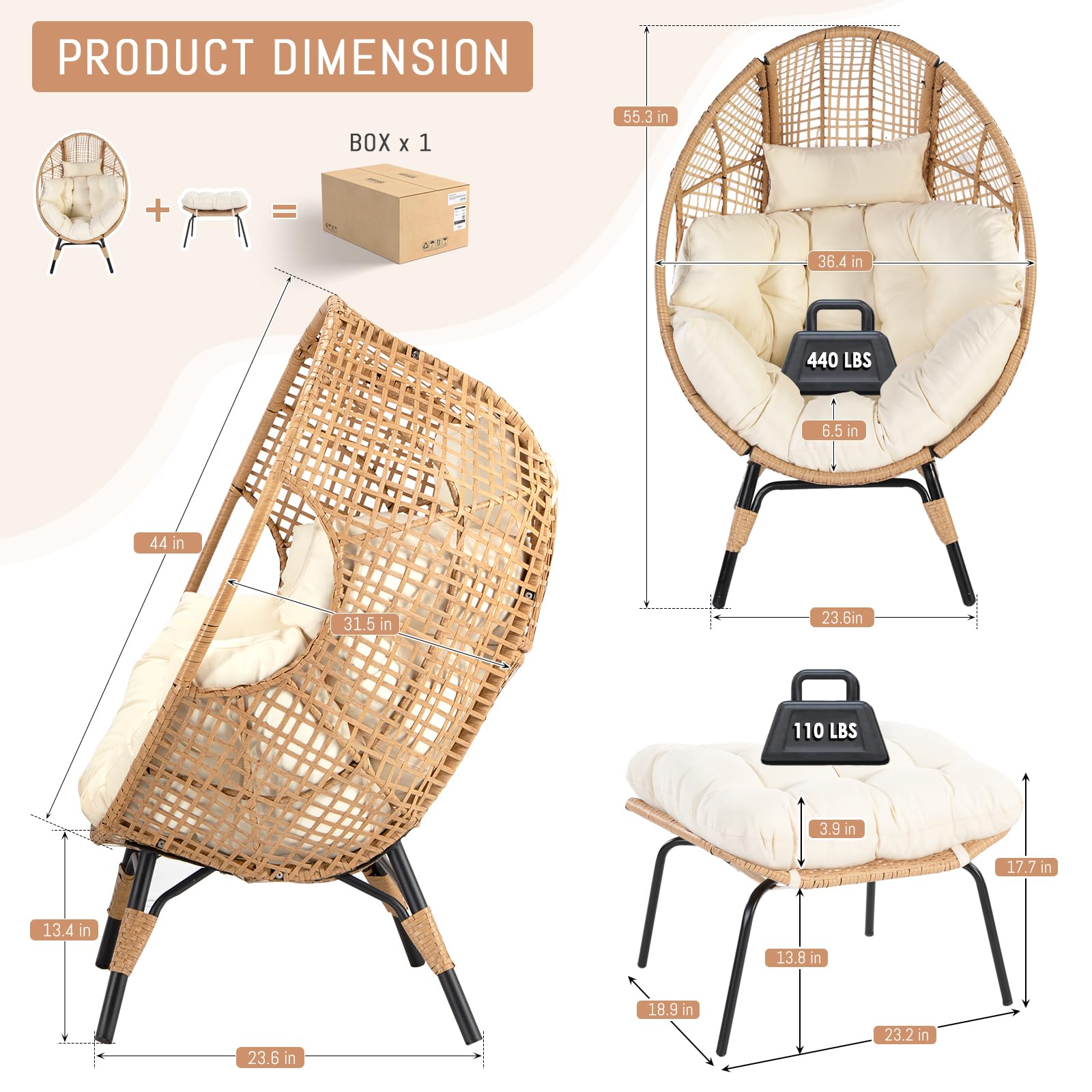 OUTPLATIO 2 Pieces Egg Chair Wicker Patio Egg Chair with Ottoman Rattan Teardrop Cuddle Cocoon Chair for Indoor Outdoor Bedroom Porch Backyard Deck Garden (2 pcs,Beige)