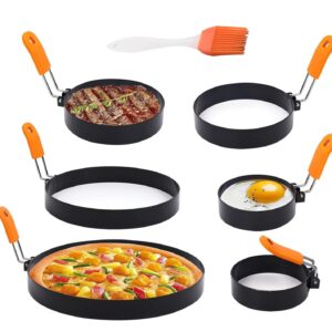 Srinlon Professional Pancake Ring Set,6 Packs Omelette Ring,Non-stick Griddle Pancake Shapers with Oil Brush,Stainless Fried Egg Molds with Orange Anti-scald Silicone Handle,Egg Mold