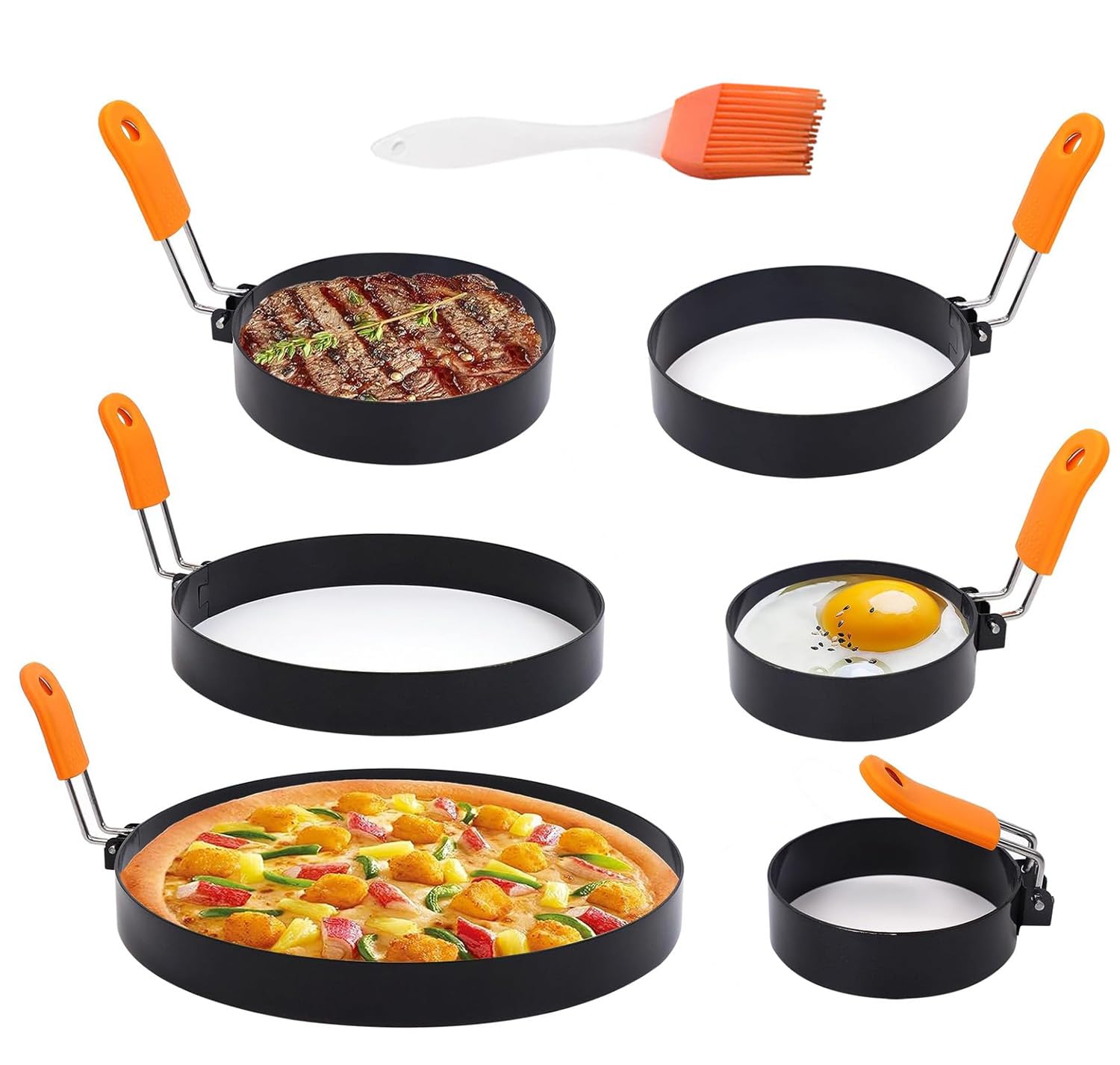 Srinlon Professional Pancake Ring Set,6 Packs Omelette Ring,Non-stick Griddle Pancake Shapers with Oil Brush,Stainless Fried Egg Molds with Orange Anti-scald Silicone Handle,Egg Mold