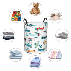 Cartoon Airplanes Laundry Basket Waterproof Collapsible Laundry Hamper with Durable Handle Round Storage Basket Dirty Clothes Organizer for Bedroom Bathroom College Dorm