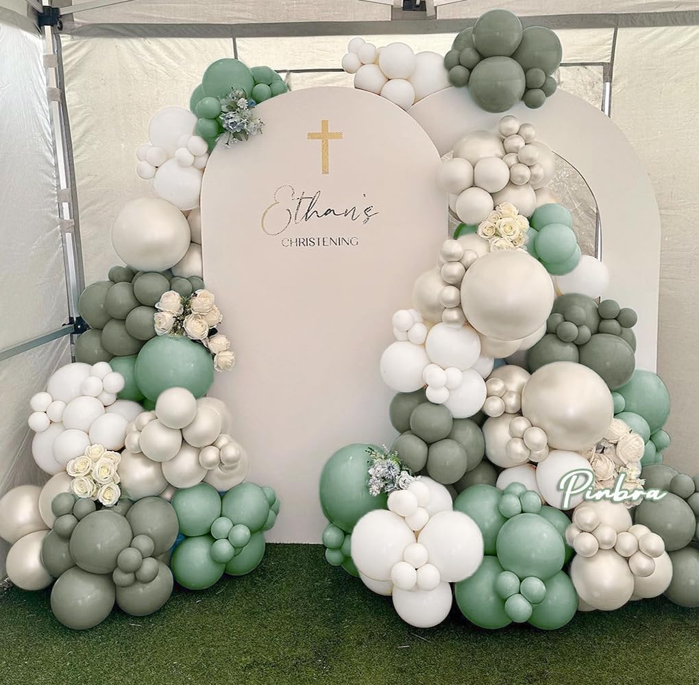 Sage Green White Balloon Garland Double Stuffed Dusty Green Balloons Pearl White Sand Olive Green Balloon Arch Kit Avocado Green Balloon For Neutral Baby Shower Bridal Shower Birthday Party Decoration