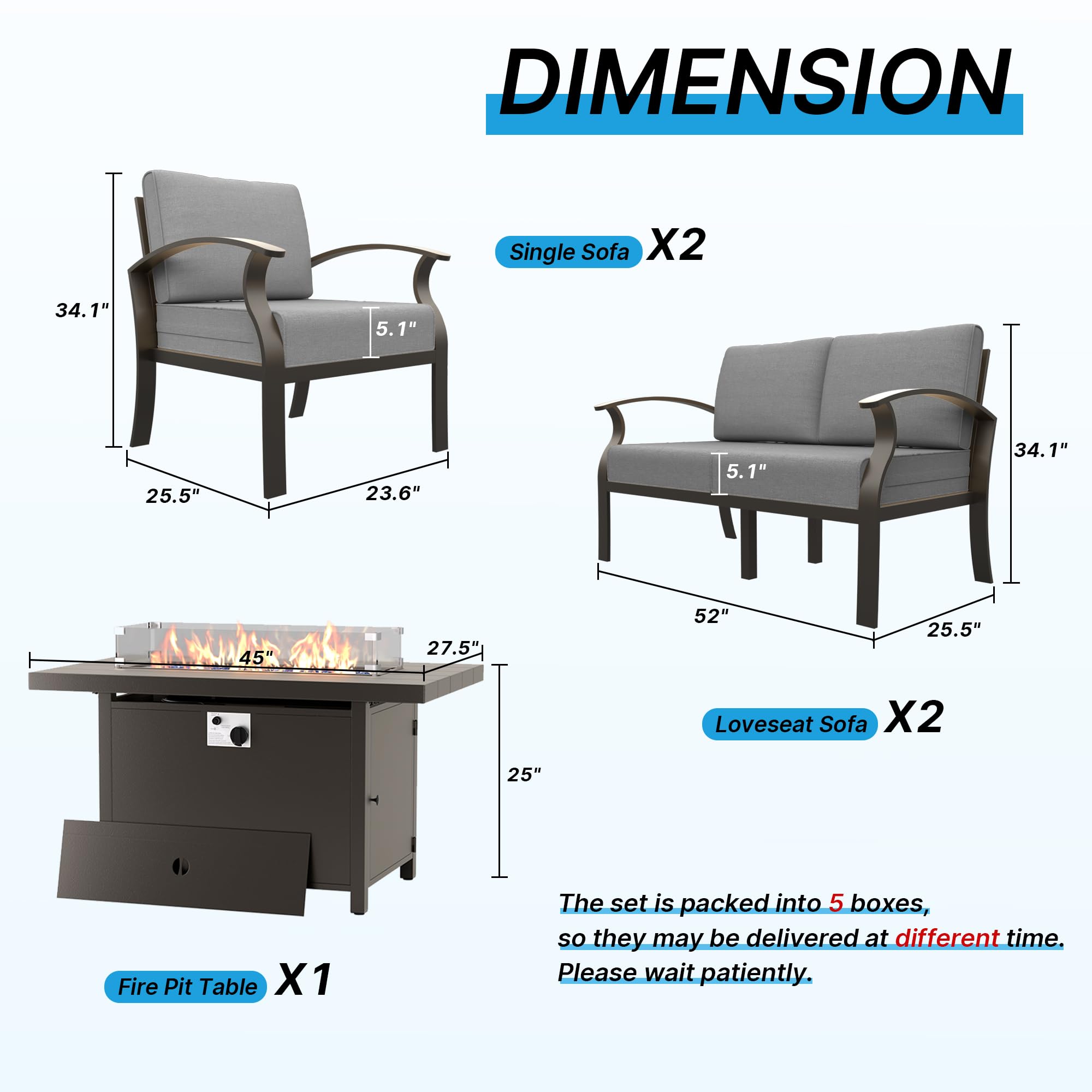 Gotland 6 Seats Outdoor Metal Patio Furniture Set with 55,000 BTU Gas Fire Pit Table w/Glass Wind Guard Patio Conversation Sectional Sofa Sets-Grey