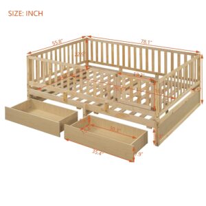 HomSof Full Size Wood Daybed with Fence Guardrails and 2 Drawers, Split into Independent Floor Bed & Daybed, Natural