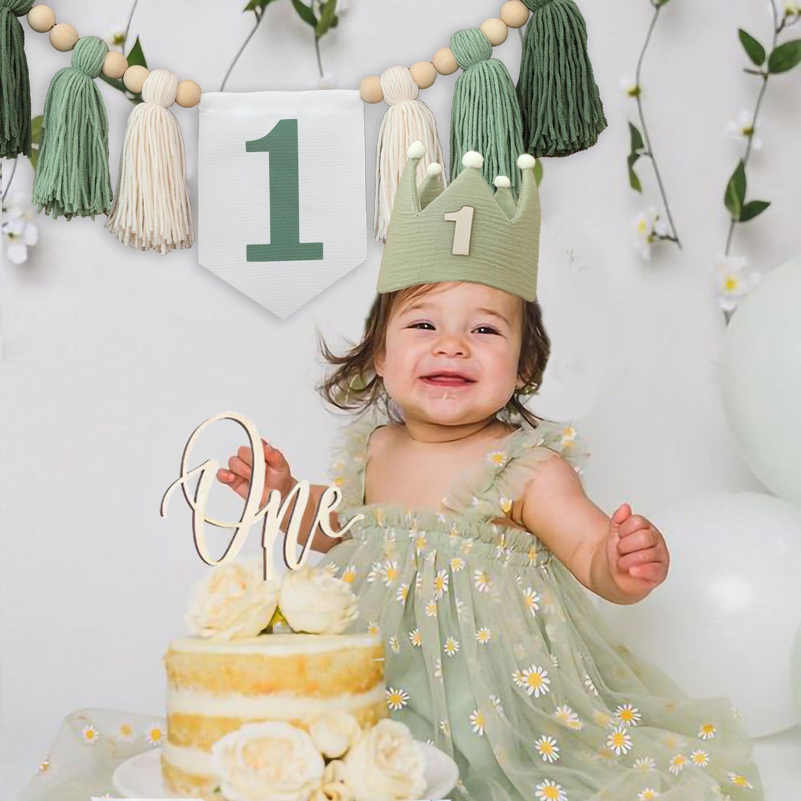 Wild One 1st Green Highchair Wood Bead Tassel Garland Crown Hat Wooden Cake Topper Birthday Party Decorations