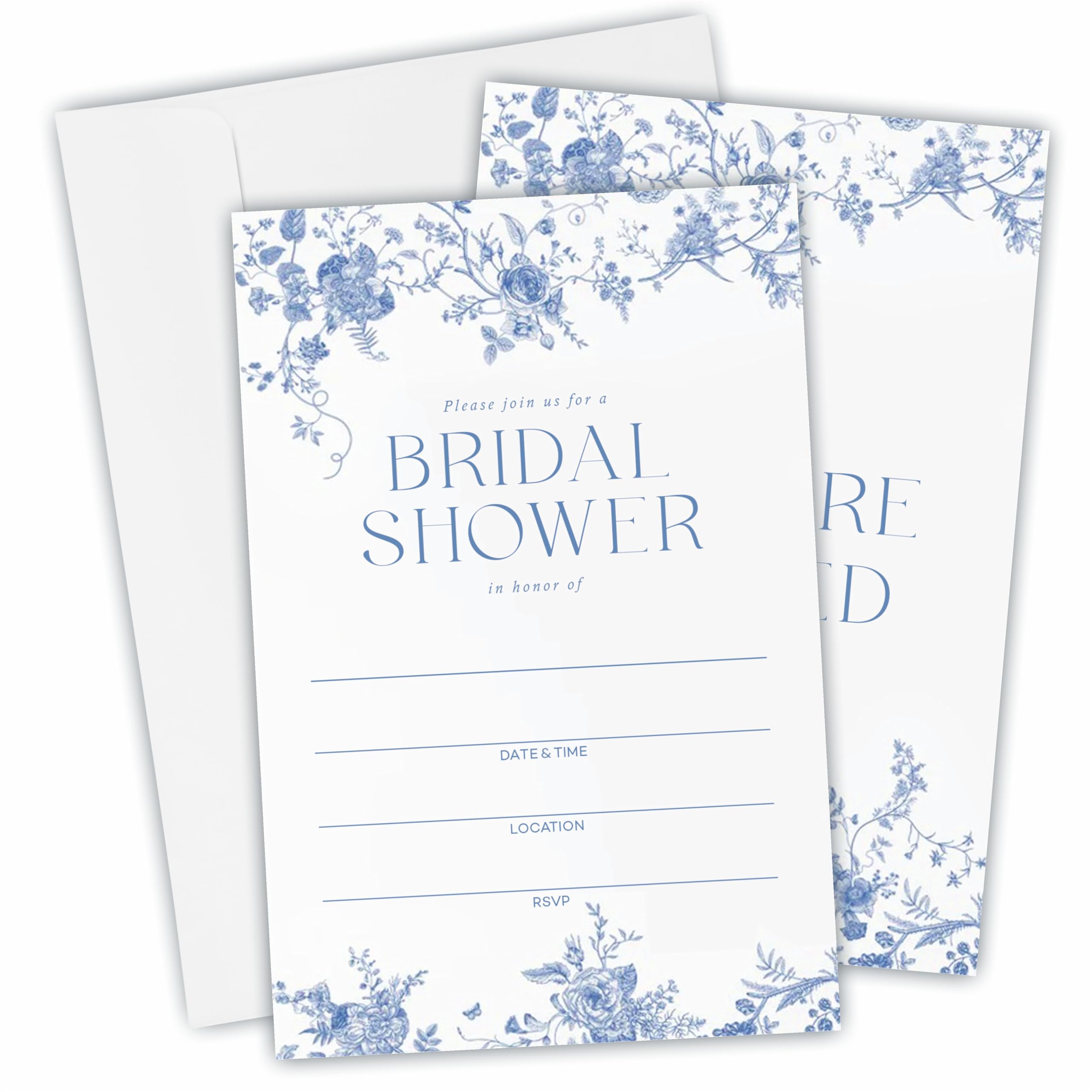 DYIRBIIY 25 Bridal Shower Invitation With Envelopes - Blue Floral White Fill In Style Invitations For New Couples, Mr And Mrs, Newlyweds Invites, Party Favor & Supplies - A11