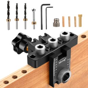 3-in-1 pocket hole jig kit for straight holes, 8/10/15 mm pocket hole wooden dowel drilling template set with positioning clip adjustable drill guide puncher locator (self centering doweling jig kit)