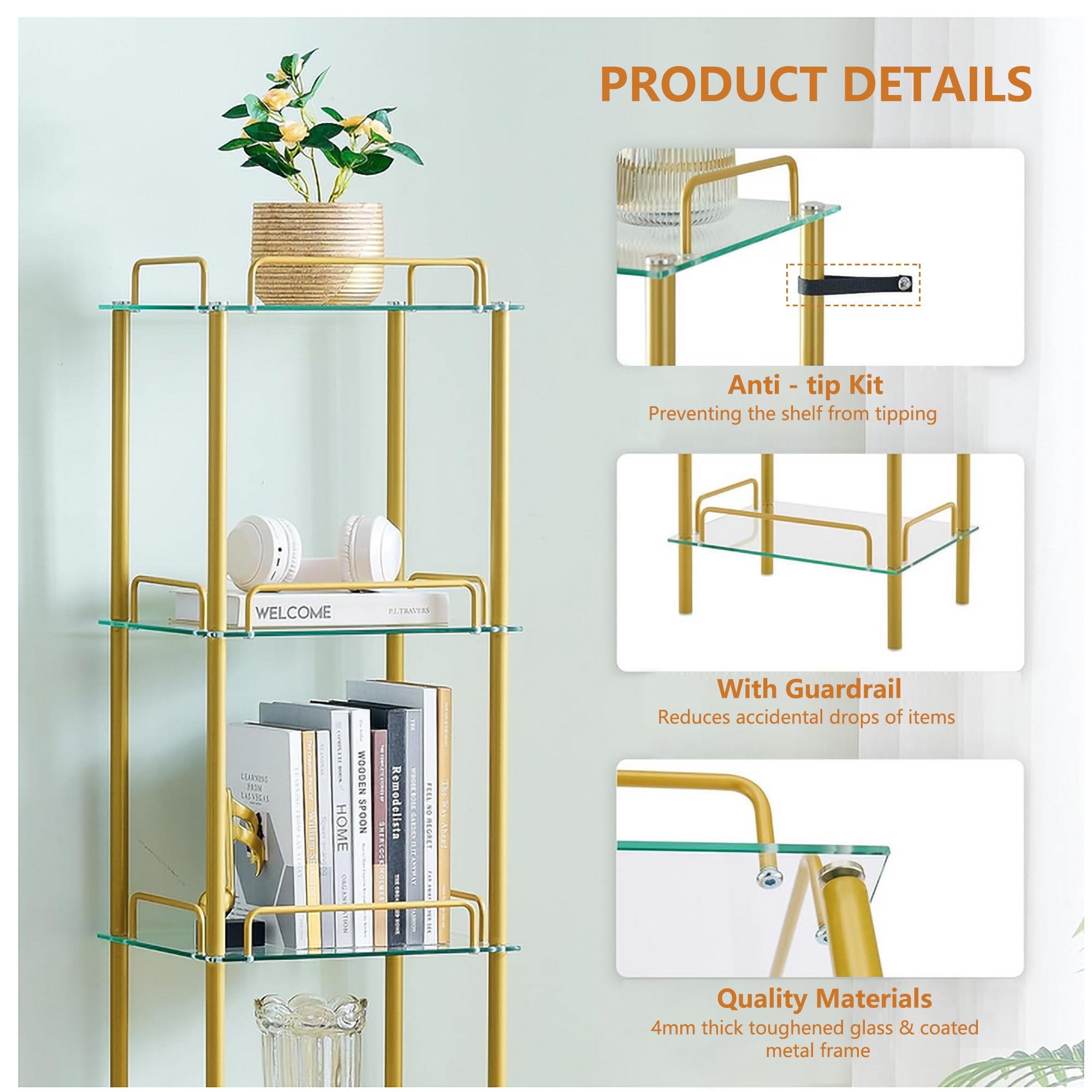 FAVOOSTY 5-Tier Bookcase, Tempered Glass Bookshelves, Narrow Bookshelf for Small Spaces, Storage Rack Display Shelf Slim Shelving Unit for Living Room, Bedroom, Bathroom, Entryway, Office, Golden