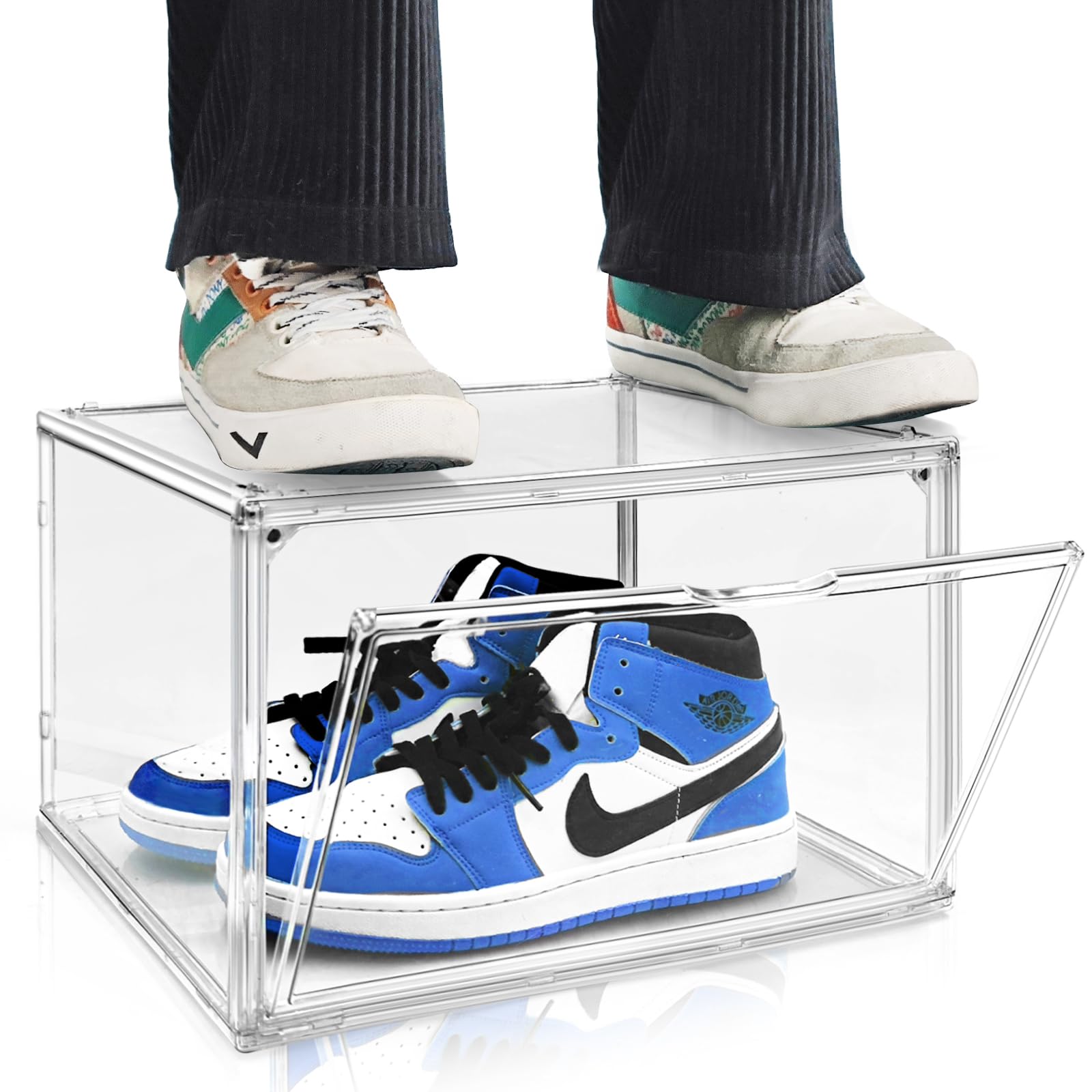 EDS FAM Shoe Boxes Crates Clear 14.1 * 10.6 * 9in Plastic Stackable Acrylic with Magnetic Door Storage for Sneakerheads Boot Display Case